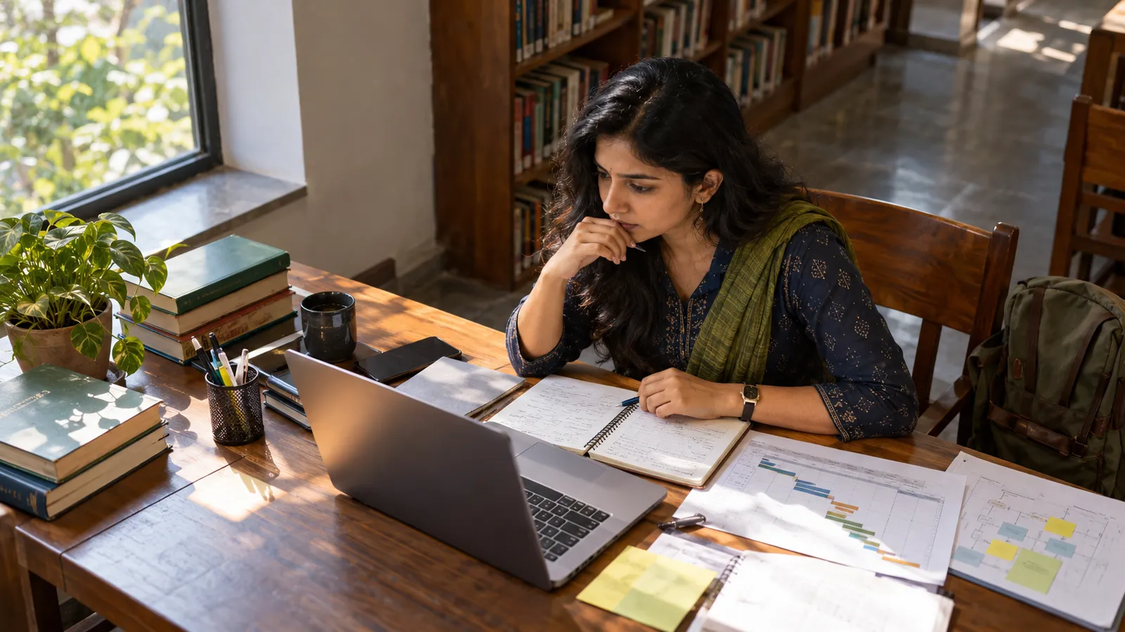 Indian working professional weighing PMP study against real project delivery experience at a library desk with a laptop, notes, and a project plan