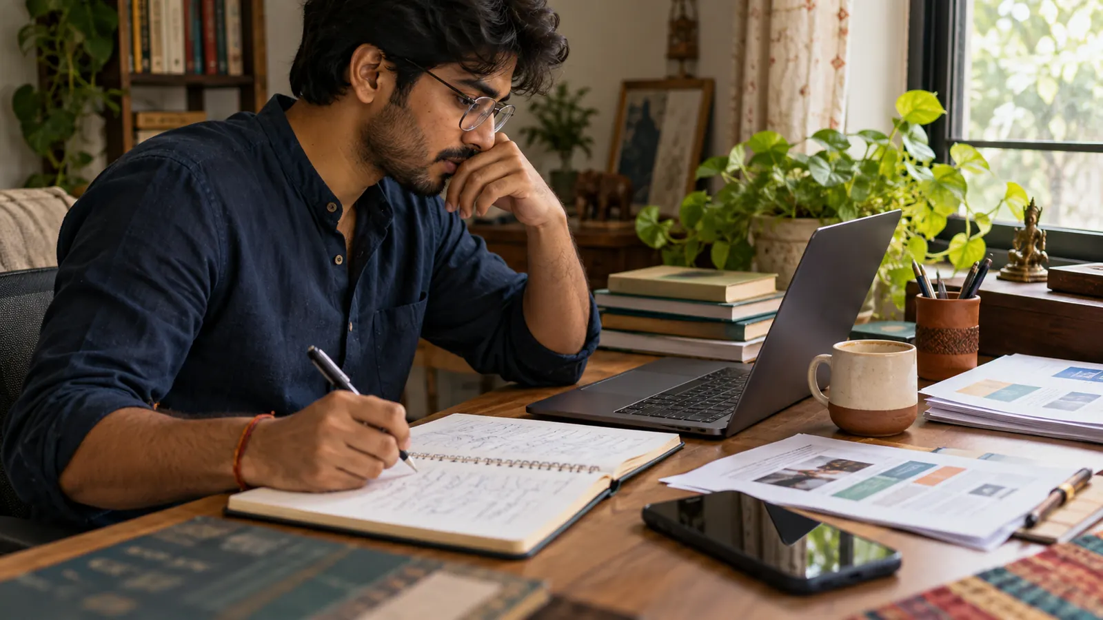 Sales career growth path India: how to grow in sales instead of getting stuck at target Indian professional planning a sales career move at a home study desk with a laptop and notebook