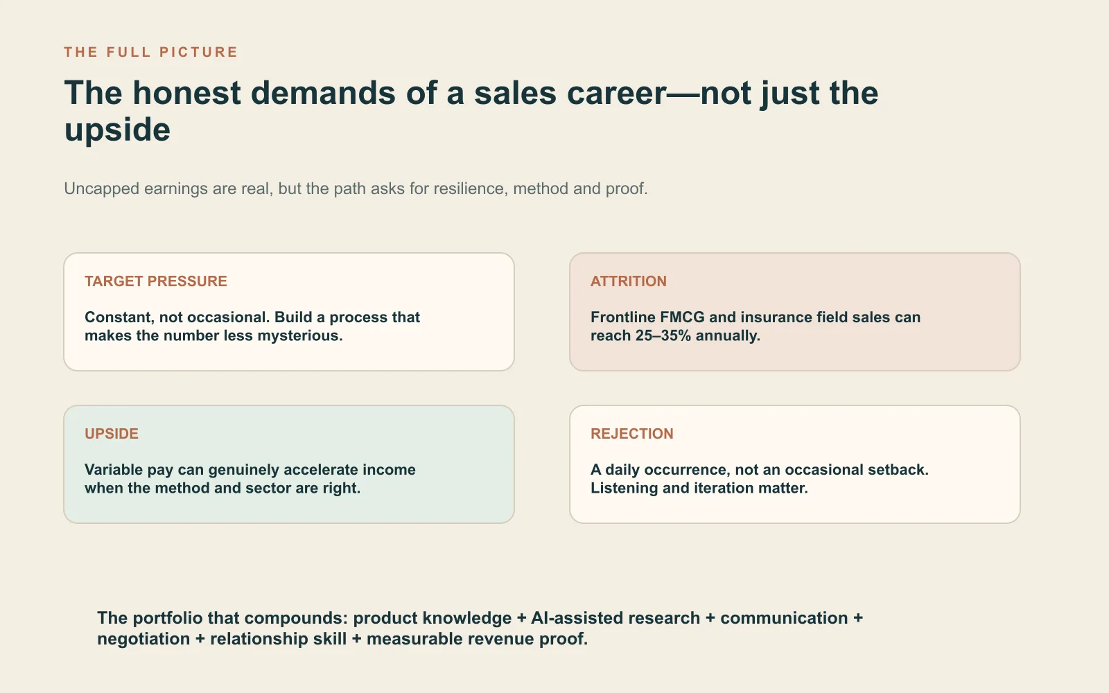 The honest demands of a sales career, not just the upside Stat panel explaining target pressure, sector attrition, uncapped upside and daily rejection in sales