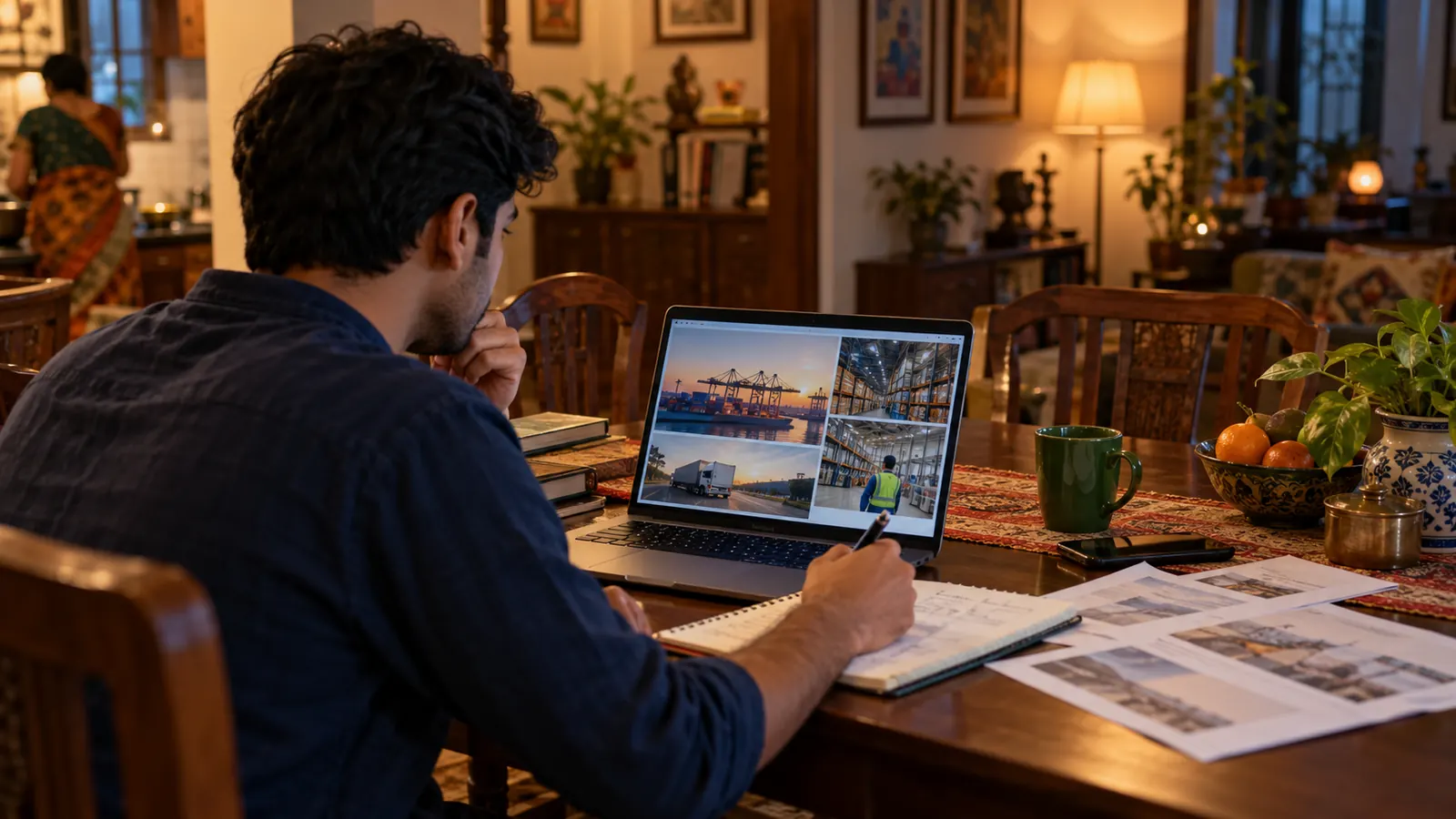 Supply chain management career India: the real entry map, not the LinkedIn hype Indian professional studying supply chain operations at a family dining table with a laptop and notebook
