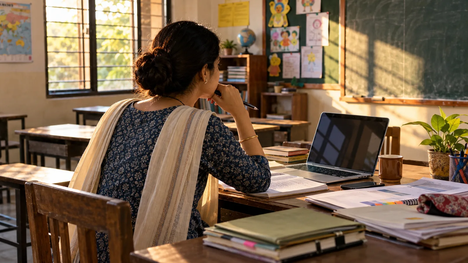 An Indian professional sits at a classroom desk after hours with lesson materials, notebooks and a laptop, reflecting on the choice between teaching and corporate work