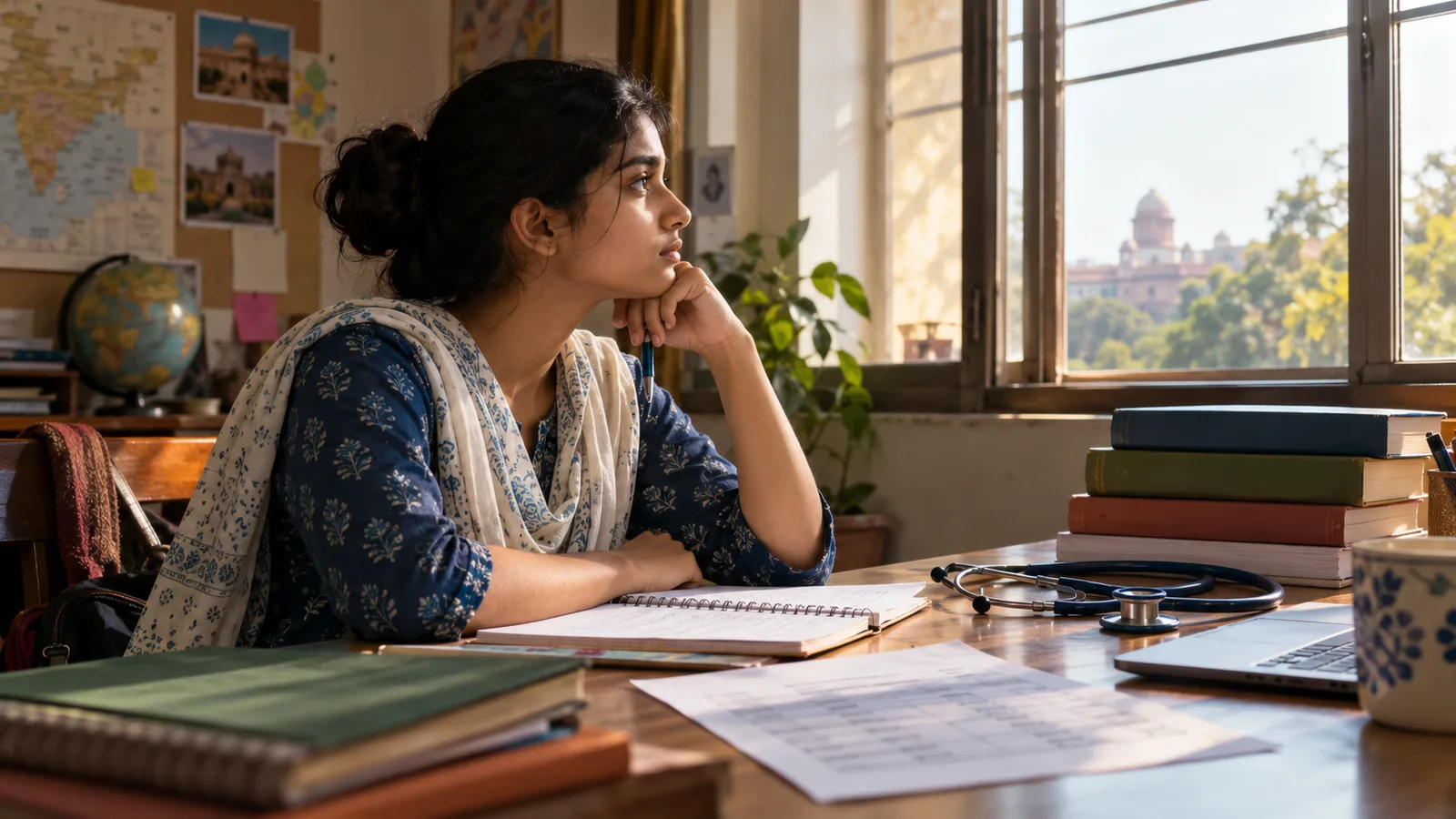 An Indian humanities aspirant studies at a sunlit desk with notebooks, a stethoscope, books and a laptop, reflecting on UPSC alternatives