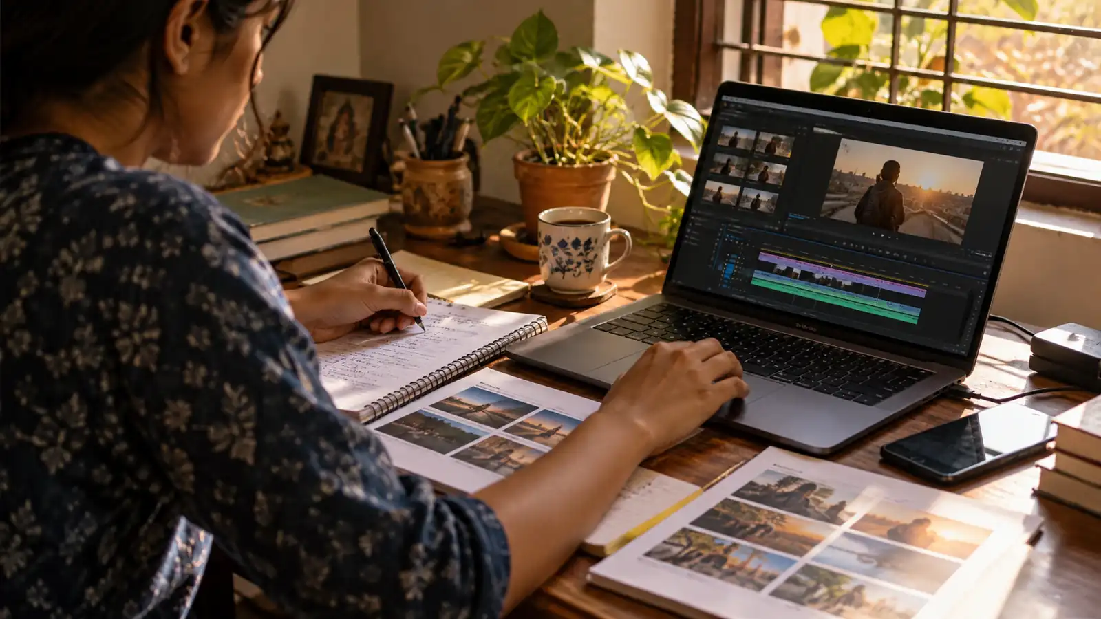 Indian learner reviewing a video edit on a laptop while organising footage notes and printed storyboards at a sunlit home desk