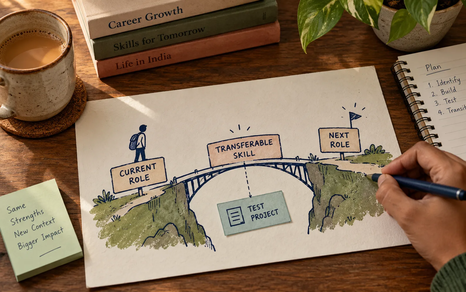 Career change bridge from a current role through transferable skills to a next role Career change bridge from a current role through transferable skills to a next role
