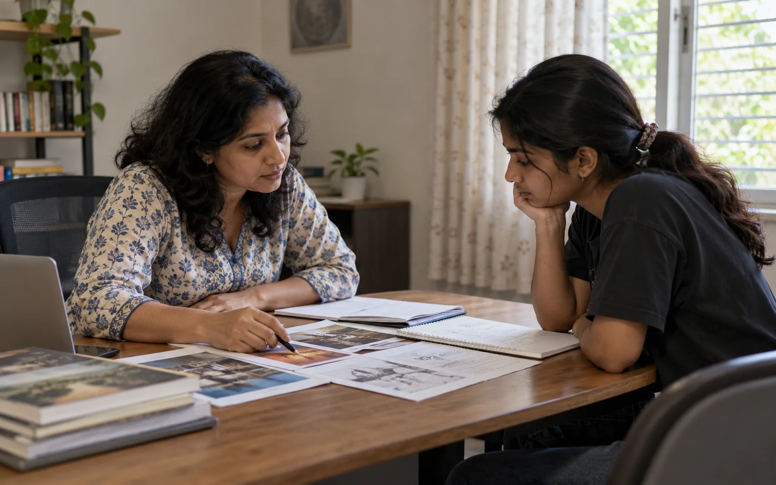 Indian career counsellor and student comparing real work samples and notes