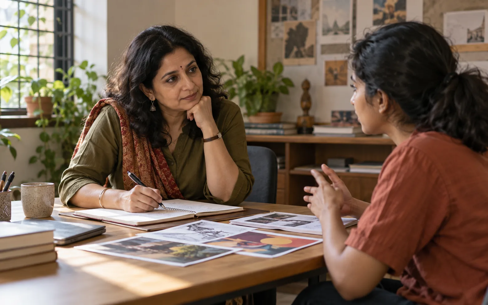 Indian career counsellor listening to a student beside notes and work samples