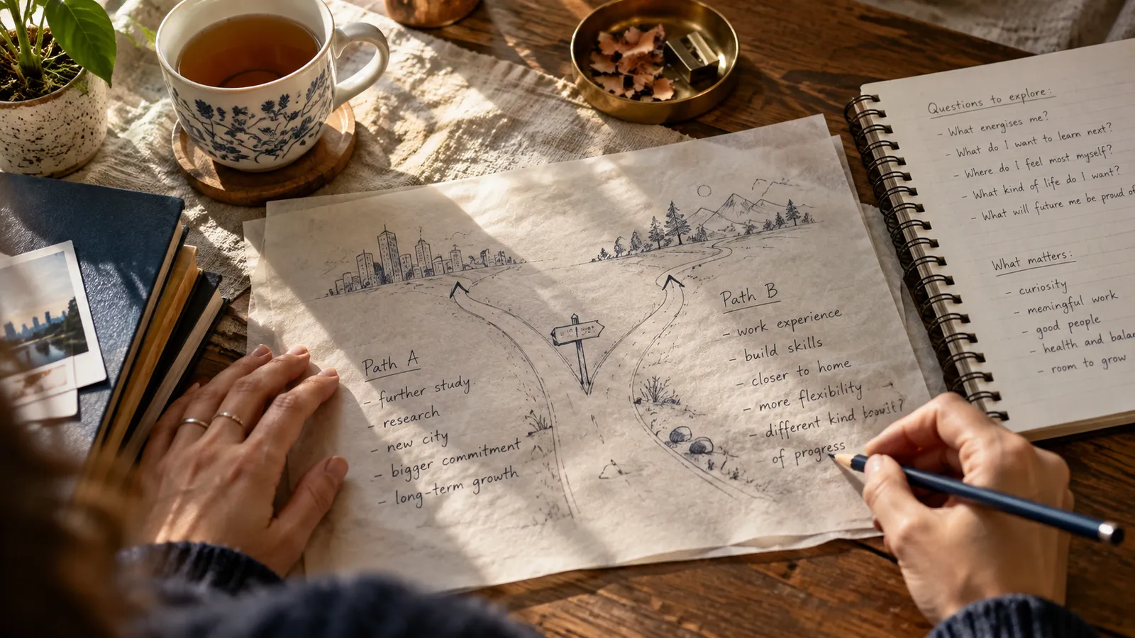 Career decision notes and realistic options arranged on a desk