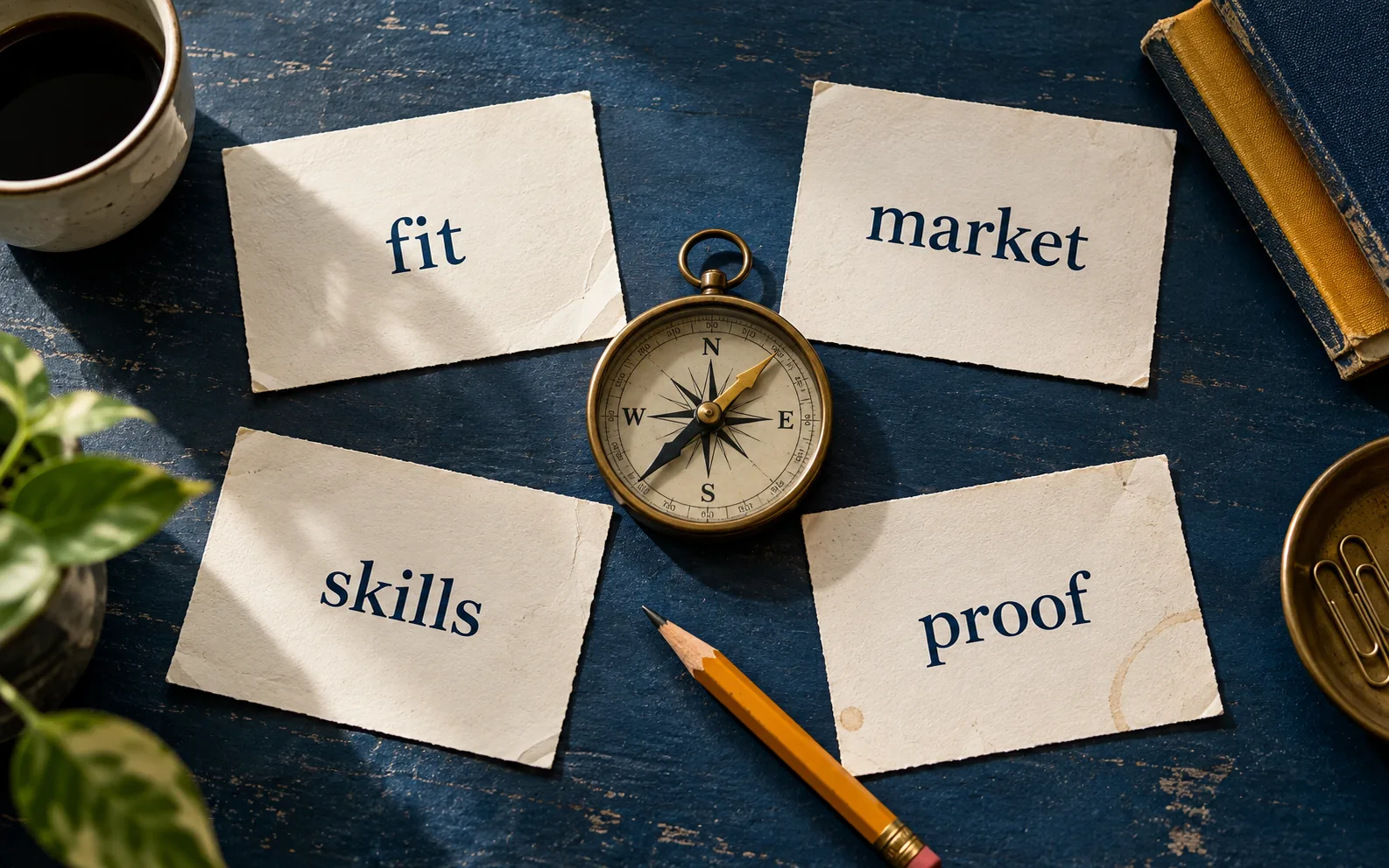 Compass surrounded by career decision cards for fit, market, skills, and proof