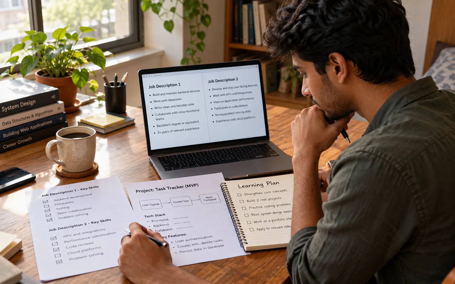 Indian learner comparing job descriptions, a project artifact, and a learning plan
