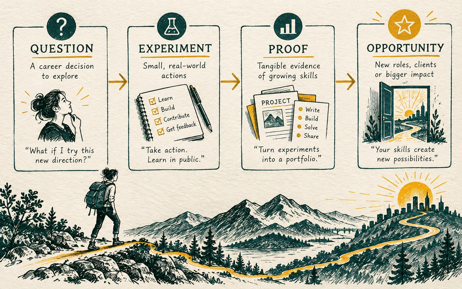 Career decision sequence from a question to an experiment, proof, and opportunity