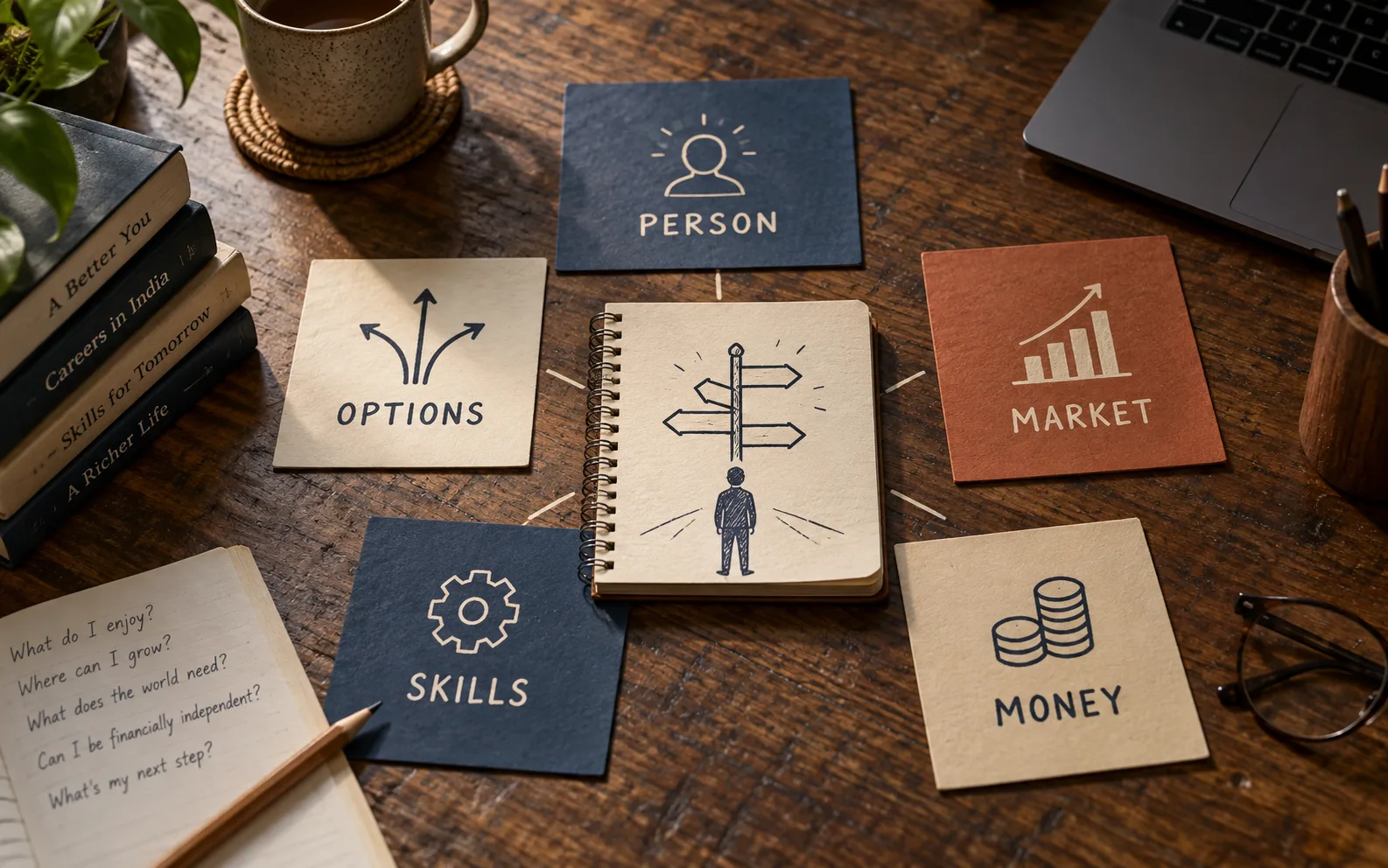 Career guidance framework comparing person, options, market, skills, and money