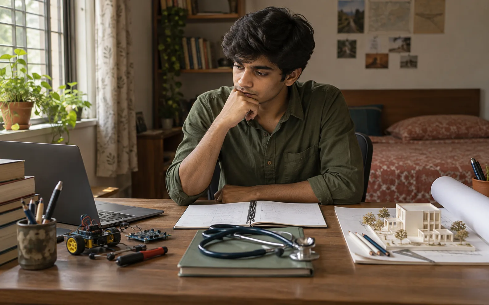 Indian student comparing several career paths through the work each involves