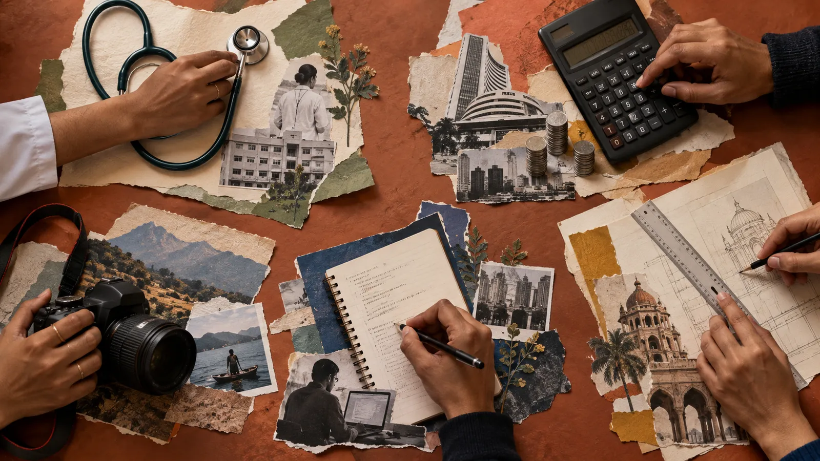 Several Indian career routes represented by real work objects on a table