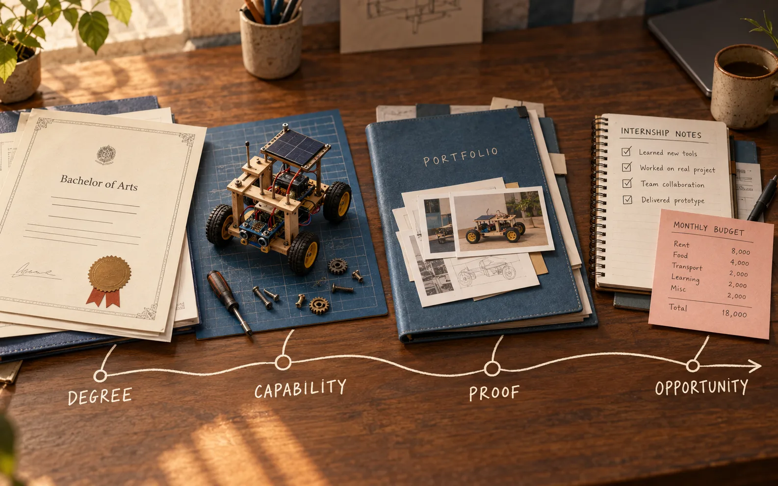 Degree-to-opportunity chain connecting credential, capability, proof, and opportunity