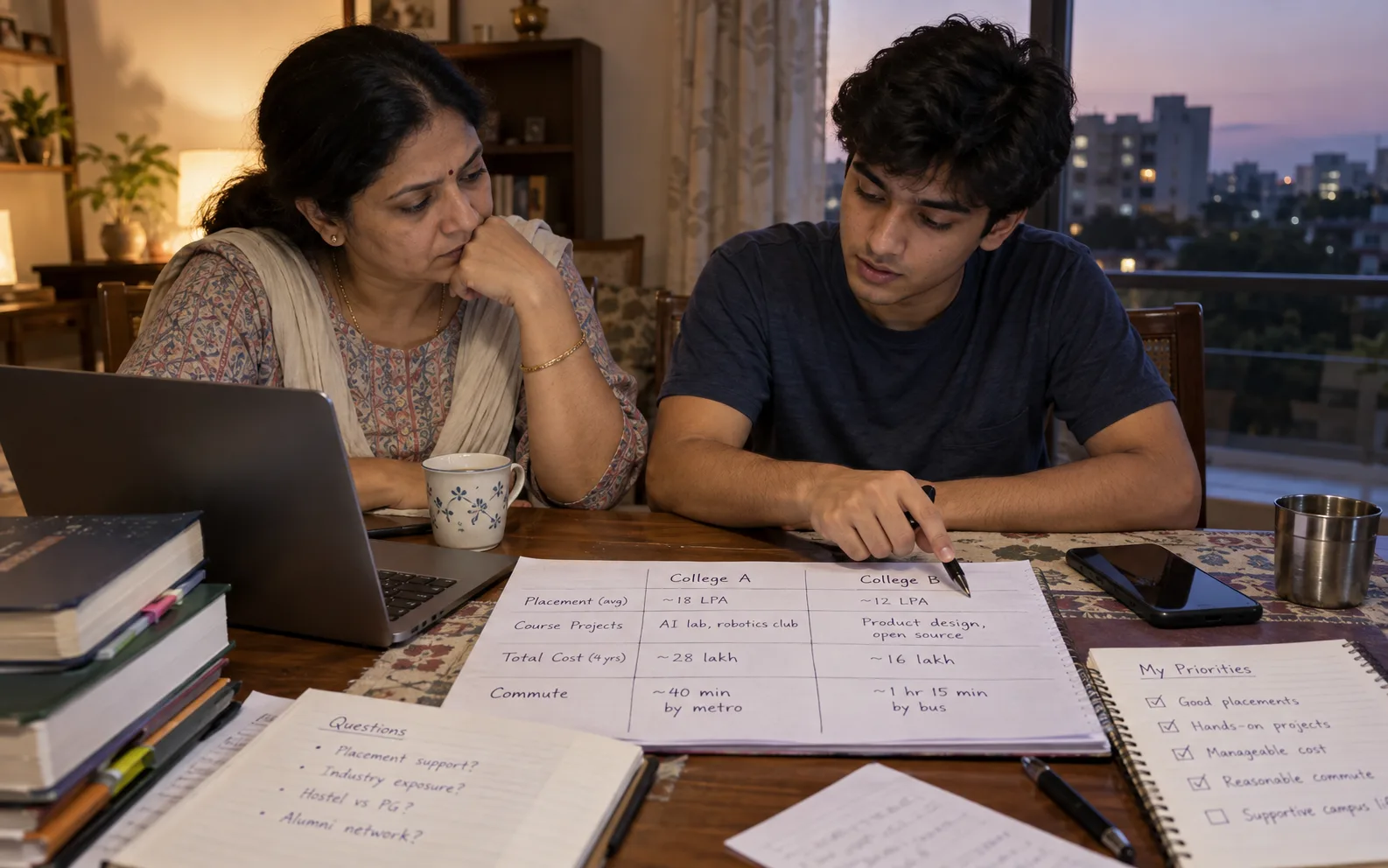 Indian student and parent comparing colleges through placement data, projects, cost, and commute