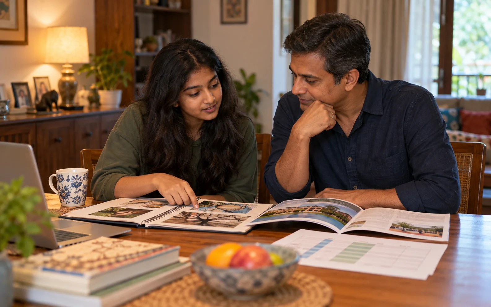 Indian student and parent comparing college projects, internship notes, and total cost