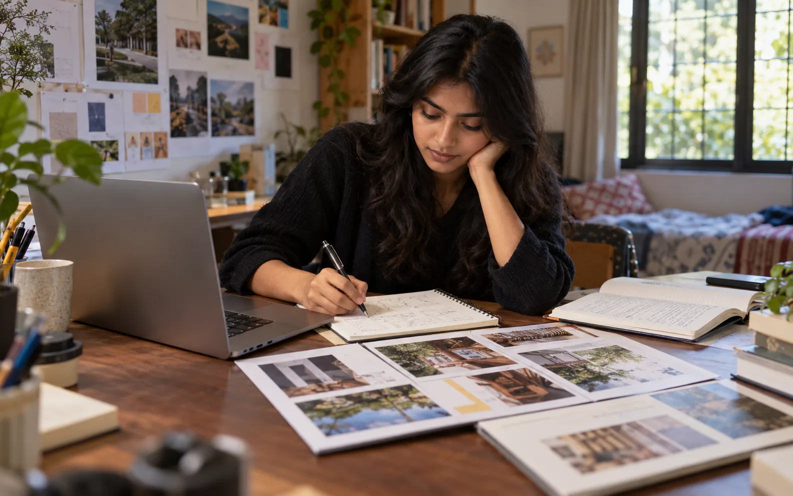 Indian learner building a portfolio artifact alongside coursework and internship notes
