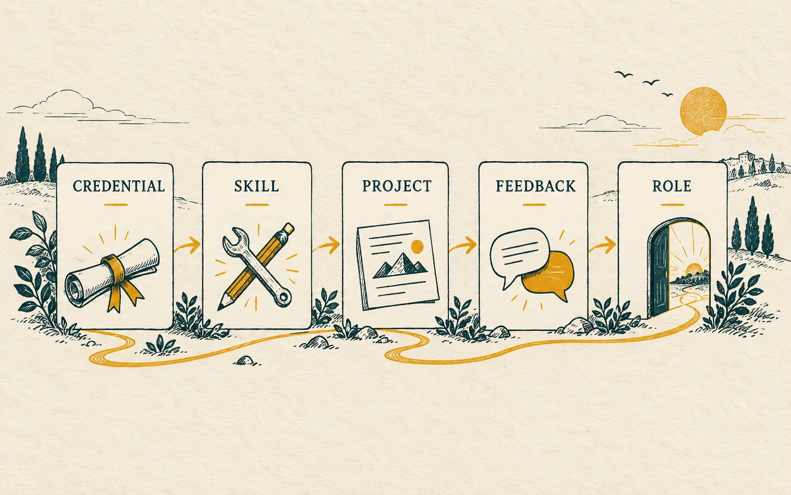 Degree pathway diagram linking credential, skill, project, feedback, and role