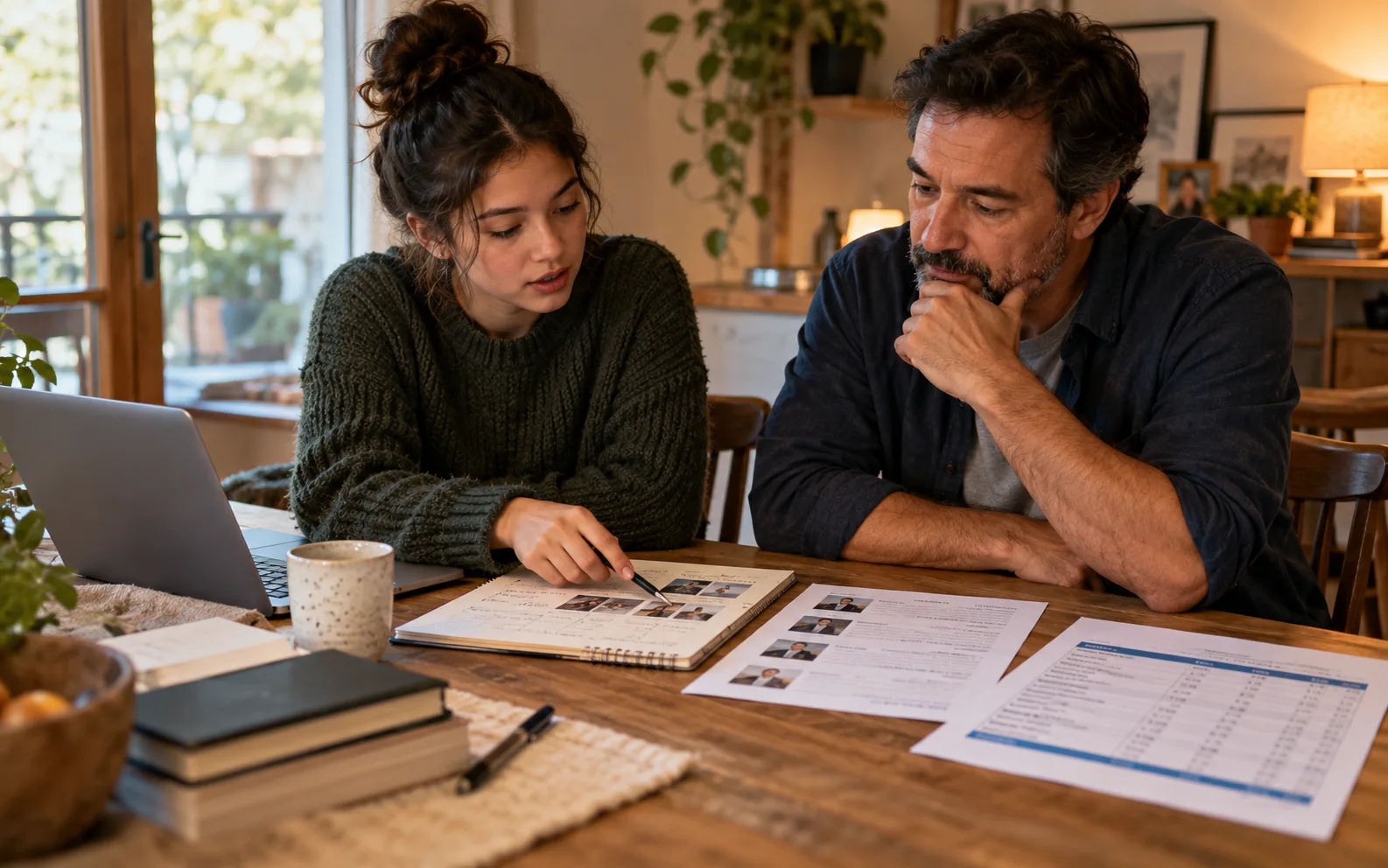 Parent and student comparing a small project, job postings, and a course budget