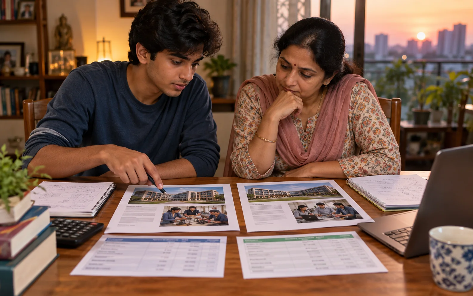 Indian parent and teenager calmly reviewing a project, course option, and budget together