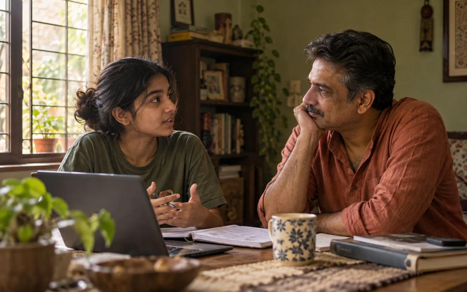 Indian parent listening calmly while a teenager explains a career idea