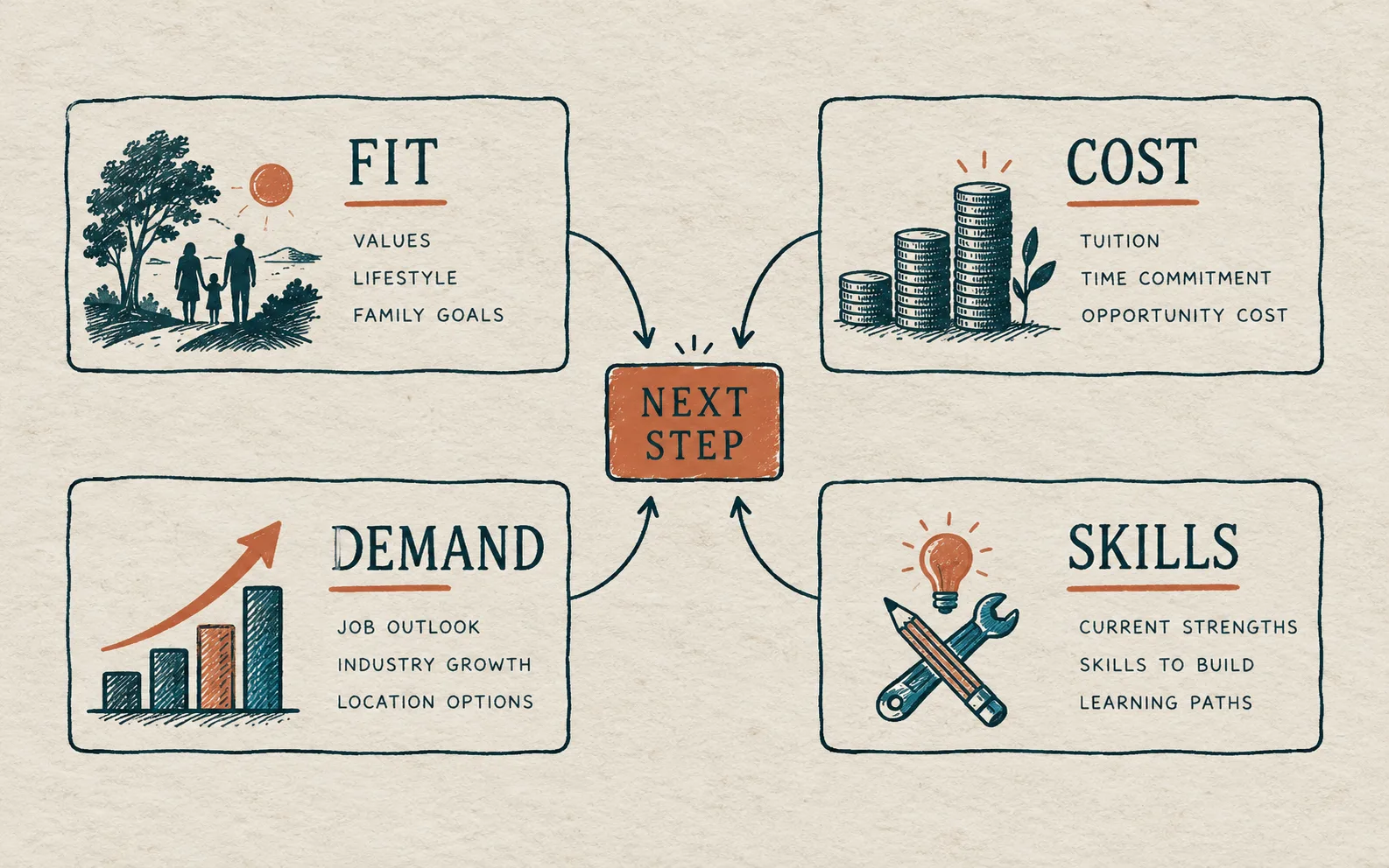 Family career decision framework comparing fit, cost, demand, and skills