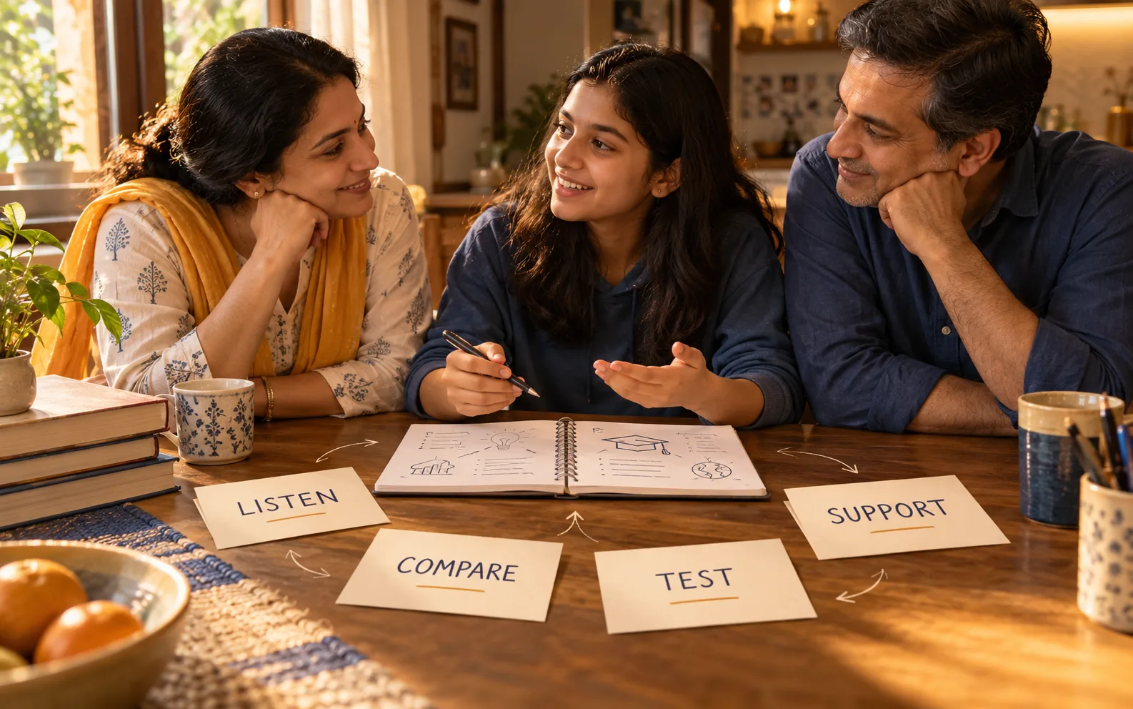 Indian parent and student sharing a calm career decision notebook at home