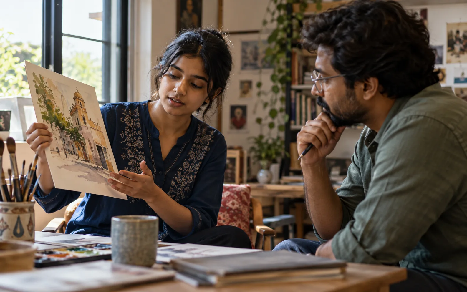 Indian learner showing a finished work sample to a mentor for feedback
