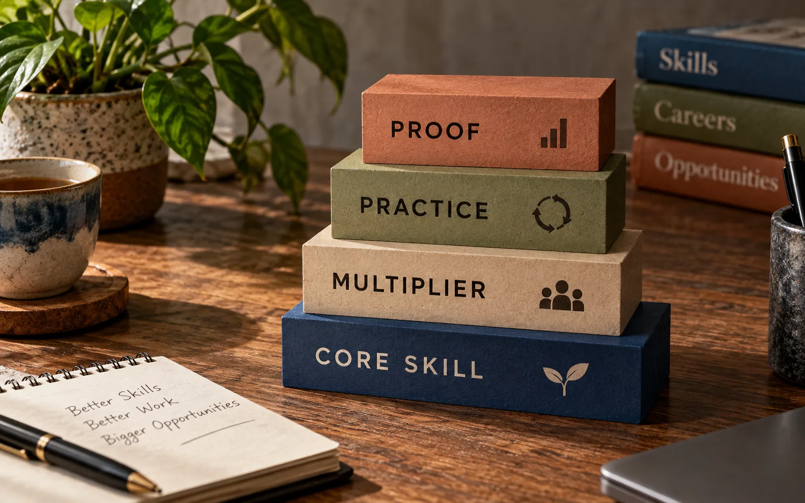 Skill portfolio stack connecting a core skill, multiplier, practice, and proof