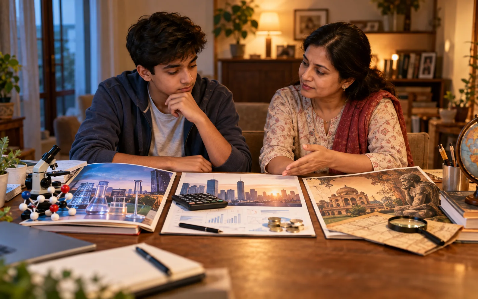 Indian student and parent discussing science, commerce, and humanities through real work