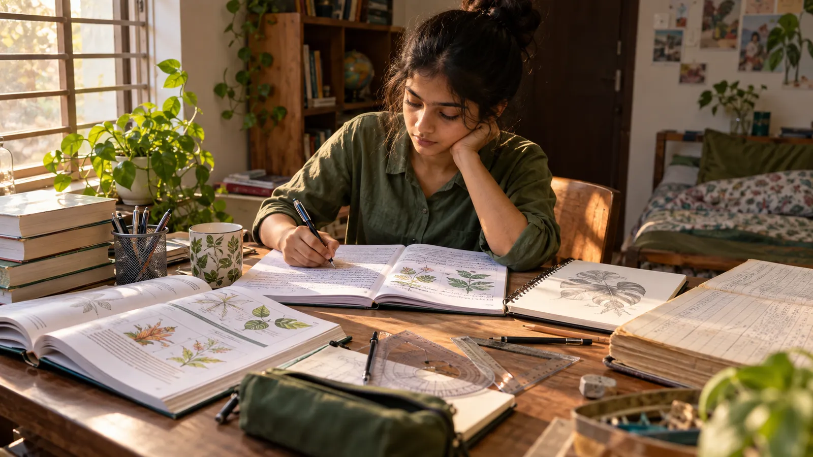 Indian senior-school student comparing science, commerce, and arts materials