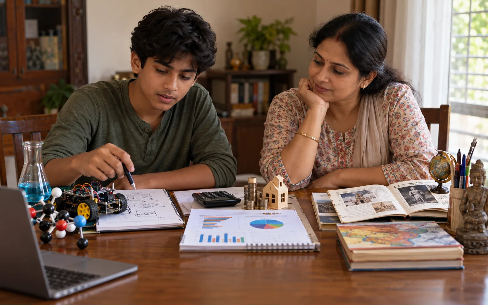 Indian student and parent comparing science, commerce, and humanities through real tasks