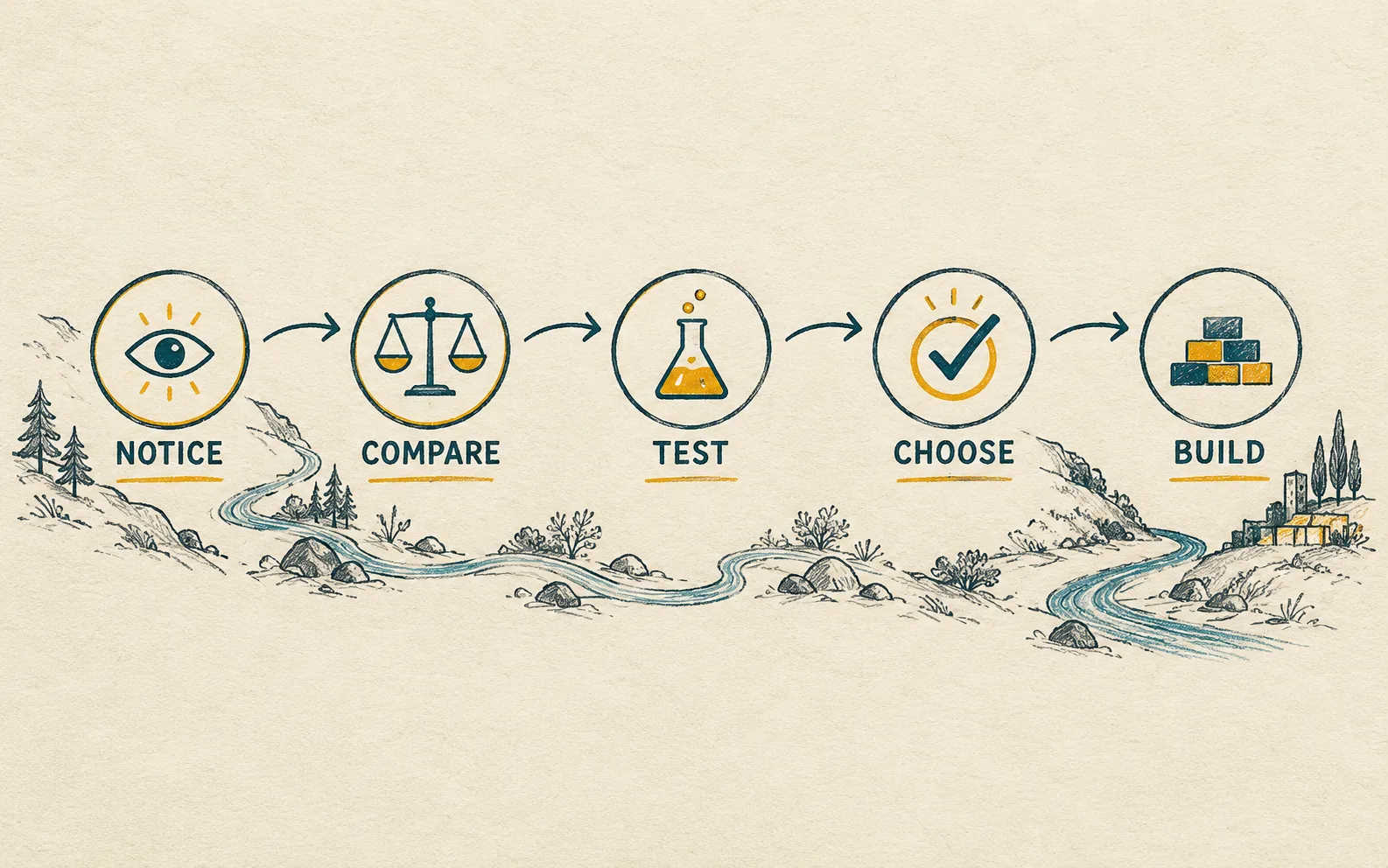 Stream-selection sequence from noticing and comparing to testing and building