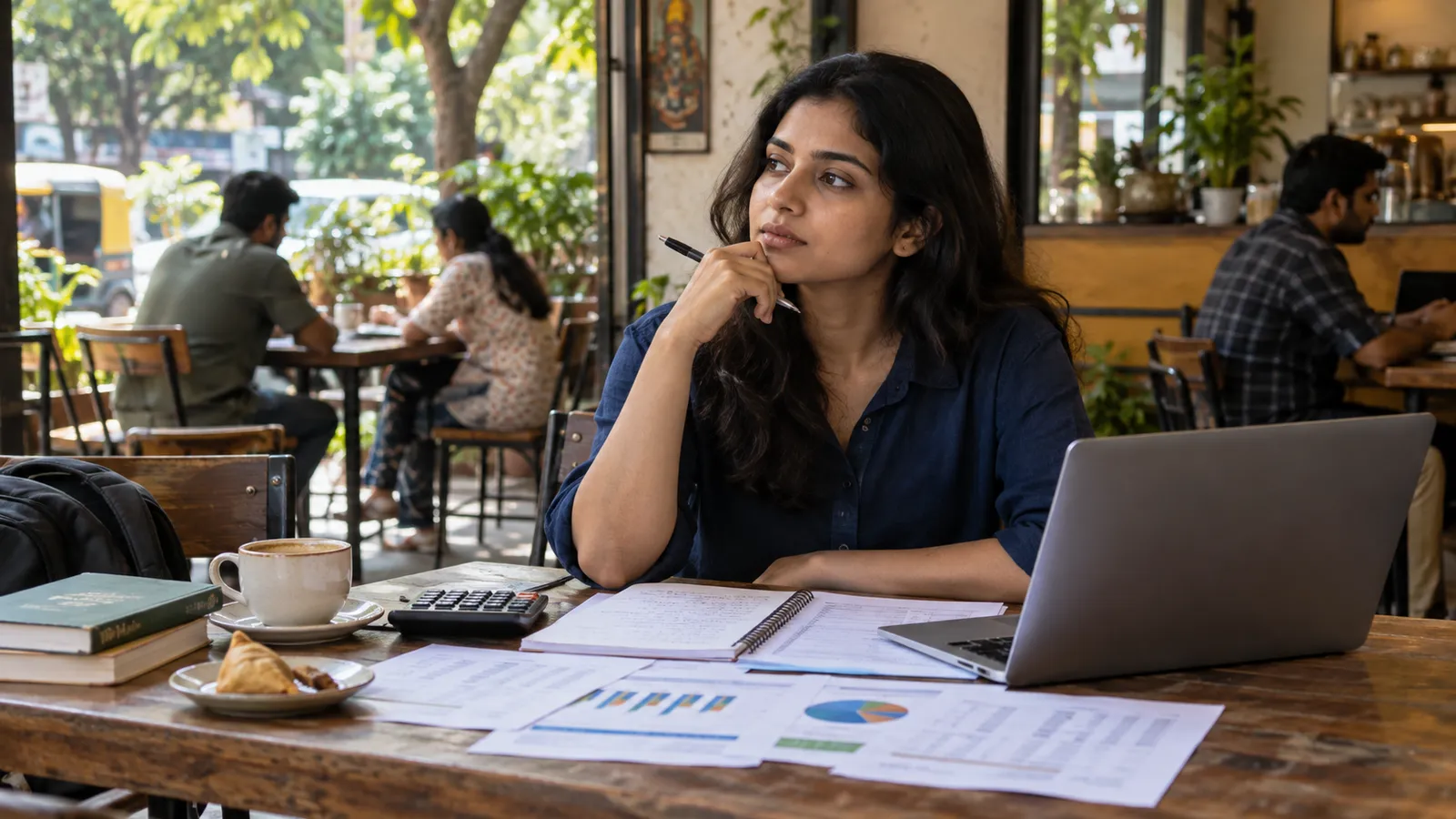 Indian working professional comparing an MBA decision with a laptop, calculator, ledger, and financial papers at a neighbourhood cafe