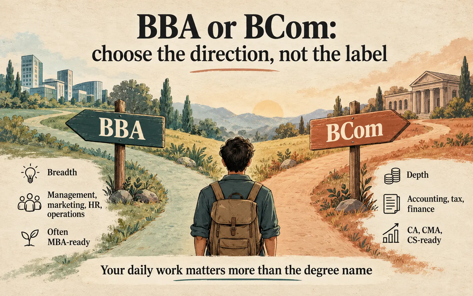 Summary card showing BBA as management breadth and BCom as accounting and finance depth