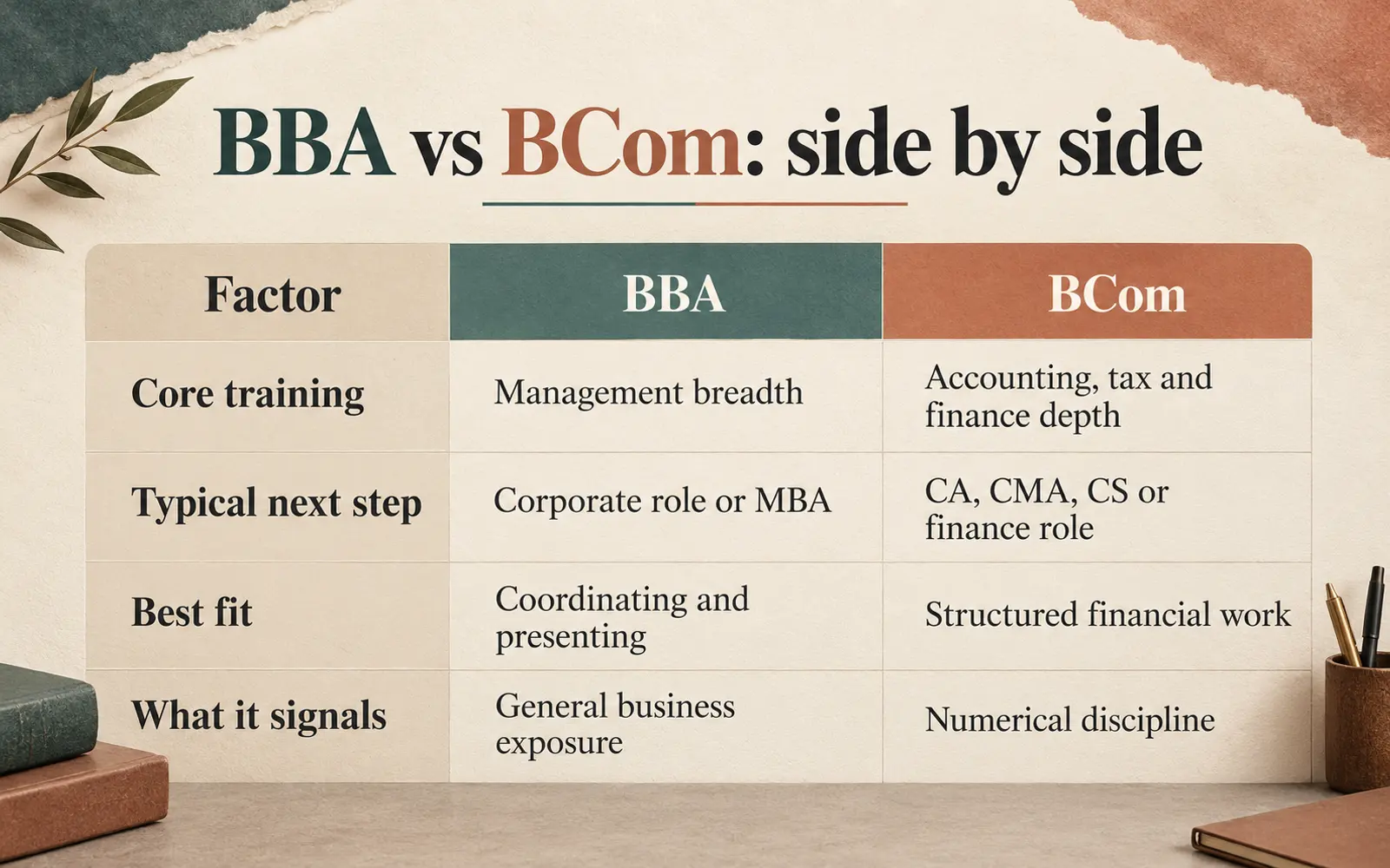Side-by-side table comparing BBA and BCom core training, next steps, fit, and employer signal