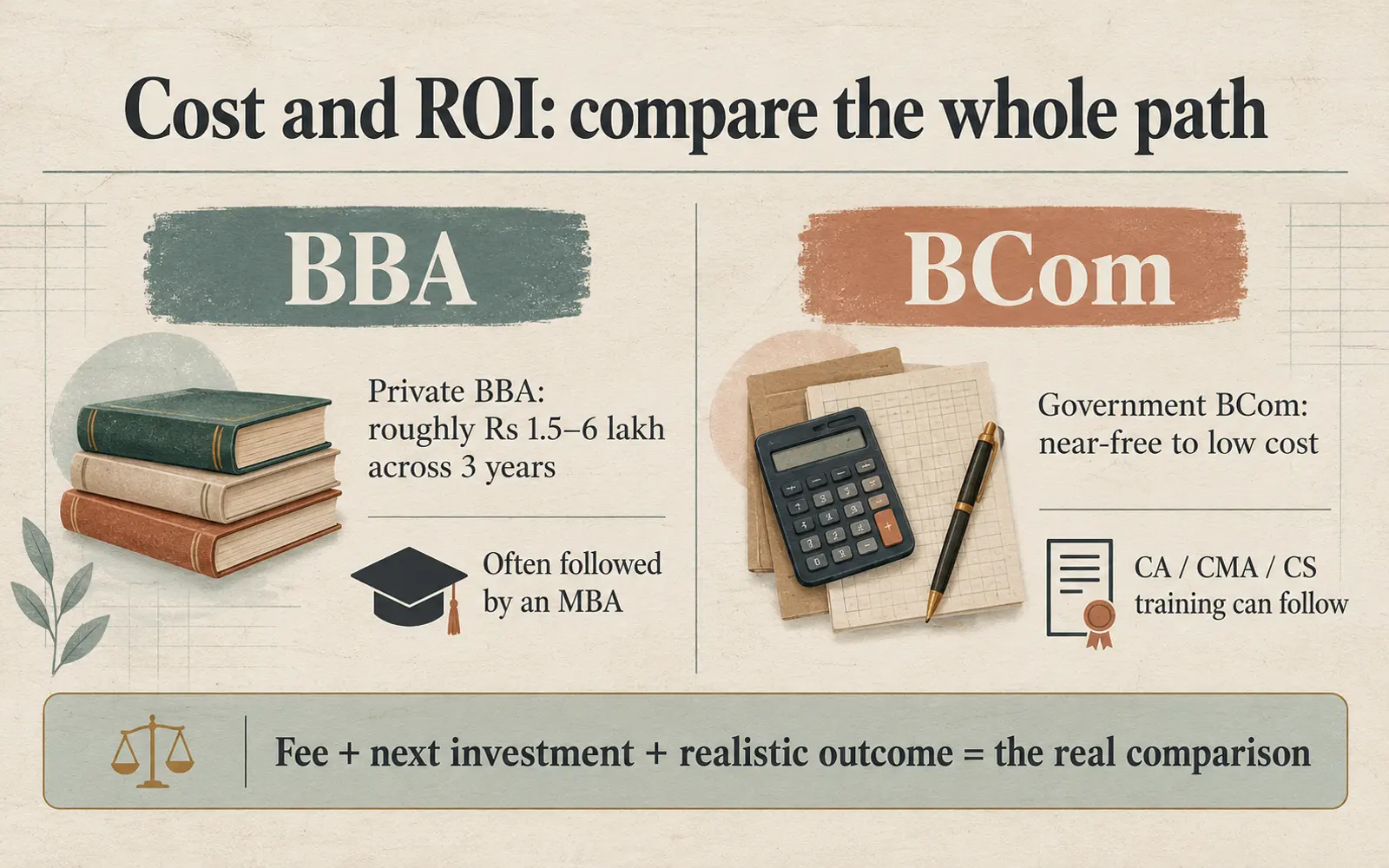 Cost and ROI comparison showing private BBA fee range, lower-cost BCom route, and follow-on investments