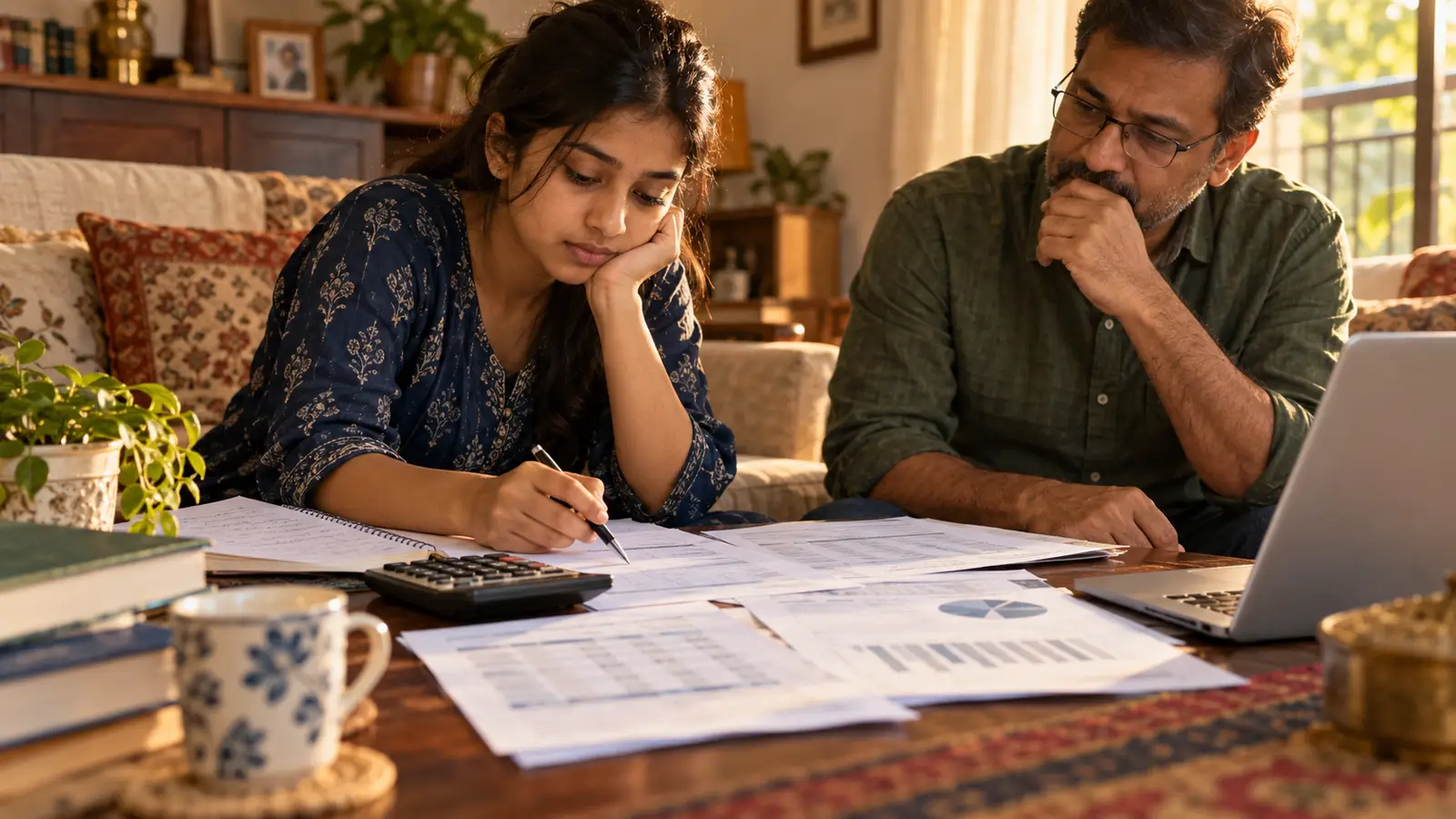 Class 12 commerce student and parent comparing college costs, ledgers, and finance notes at home