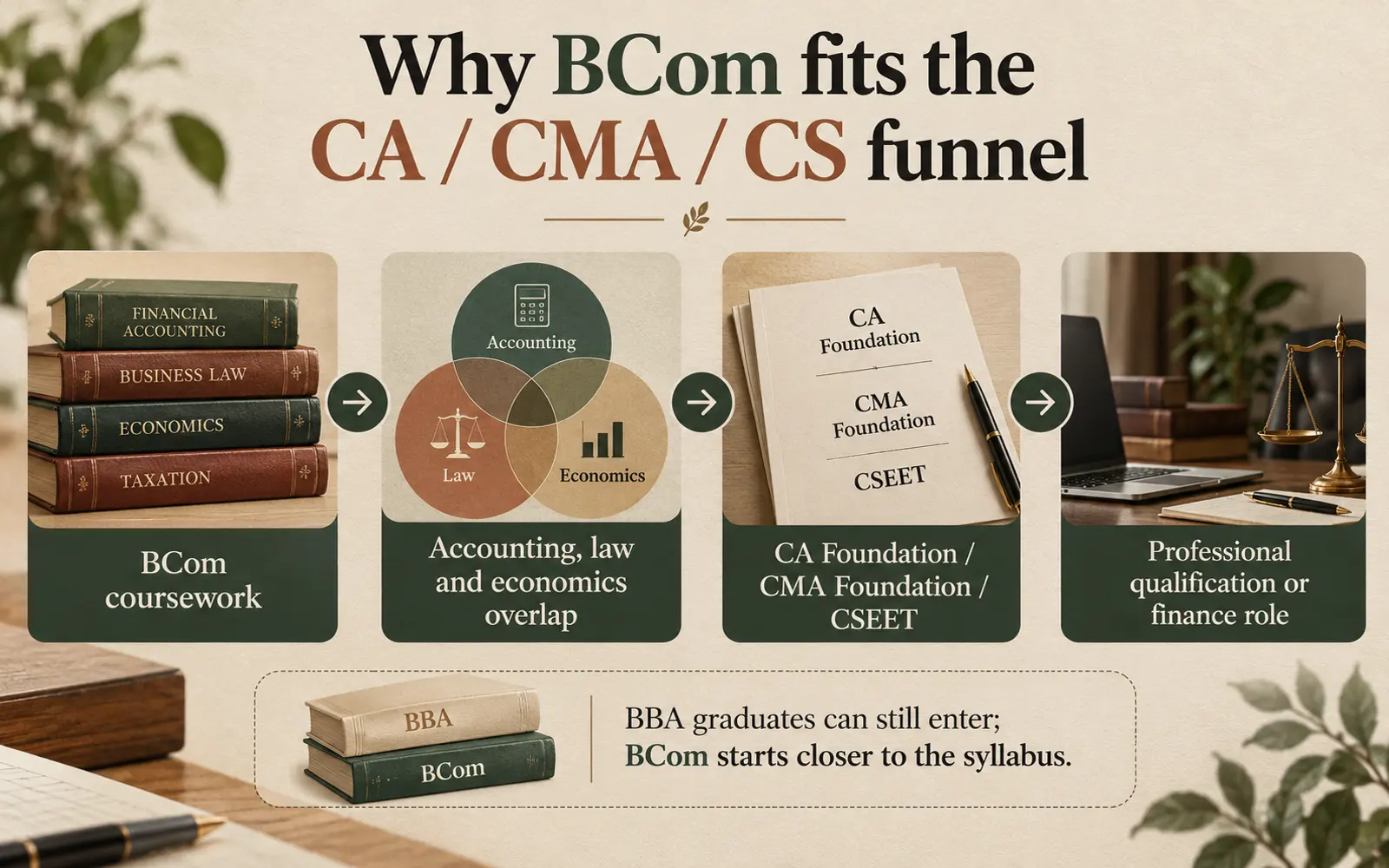 Pathway from BCom coursework through accounting, law, and economics overlap to CA, CMA, or CS routes