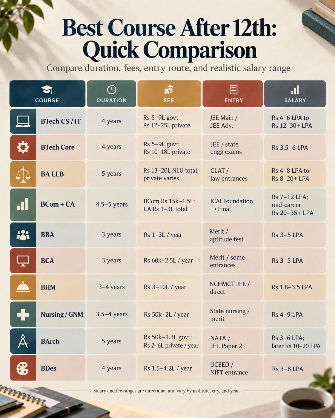 Quick comparison of high-salary courses after 12th by duration, fees, entry route, and salary.