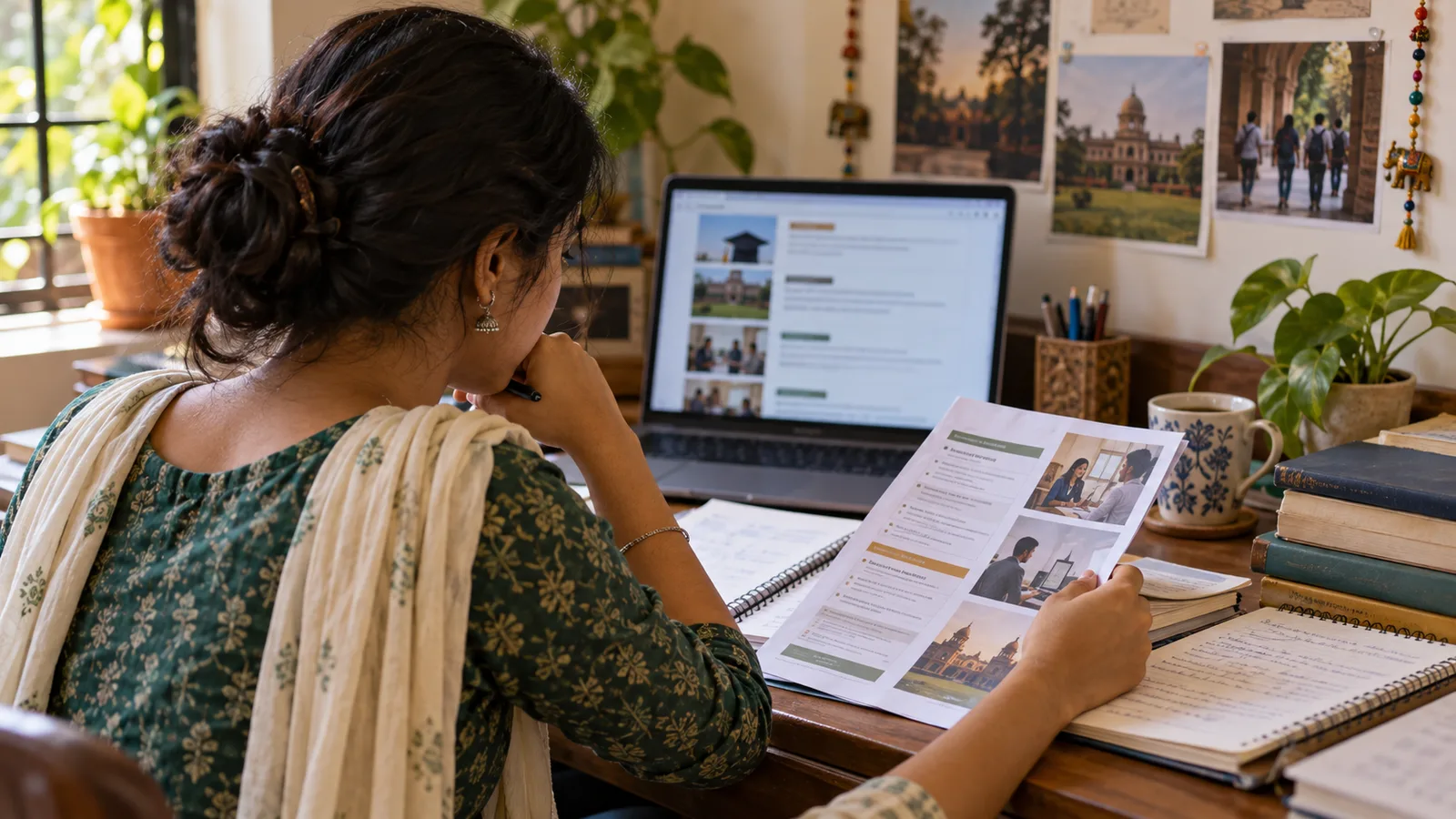 Indian BA graduate comparing course and job information beside a laptop, notebooks, and printed study options at home