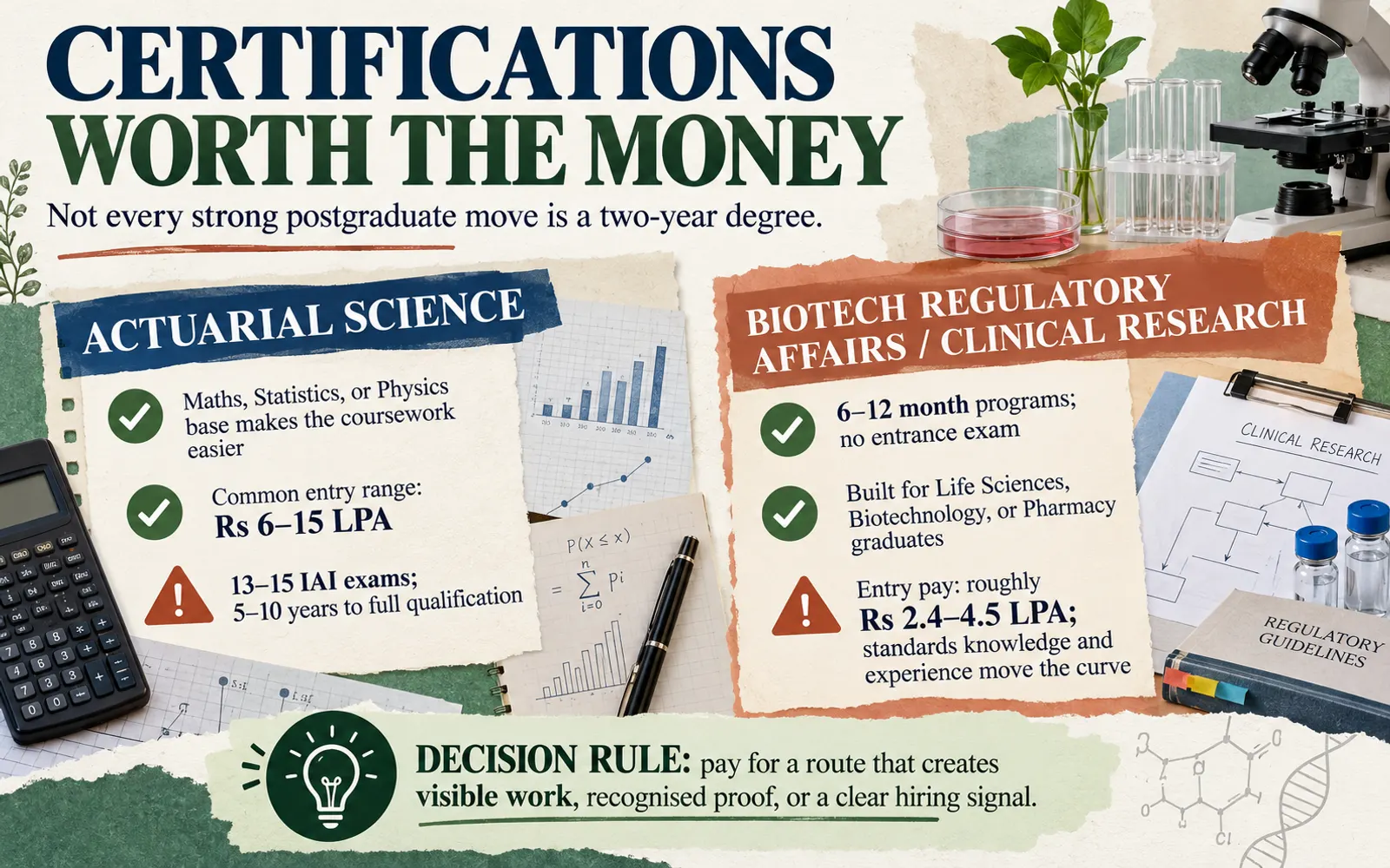Asymmetrical comparison of actuarial science and biotech regulatory or clinical research certifications by entry, time, pay, and trade-offs