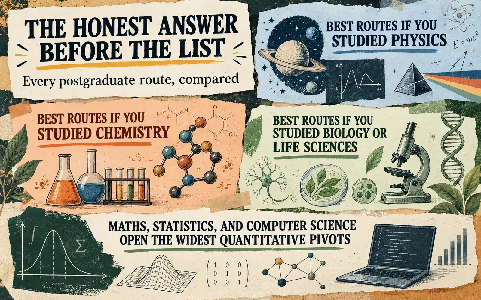 Subject map summarising postgraduate routes for Physics, Chemistry, Biology, Life Sciences, Maths, Statistics, and Computer Science