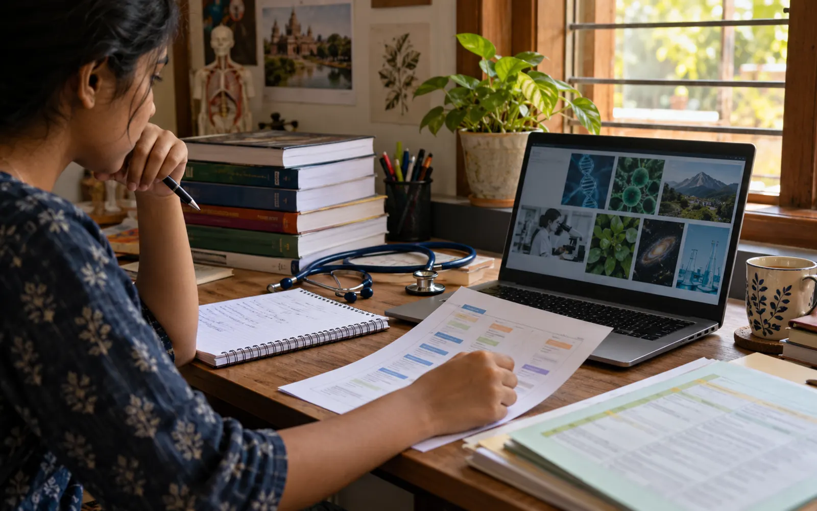 Indian science student comparing postgraduate route information beside a stethoscope, science books, notebook, and laptop