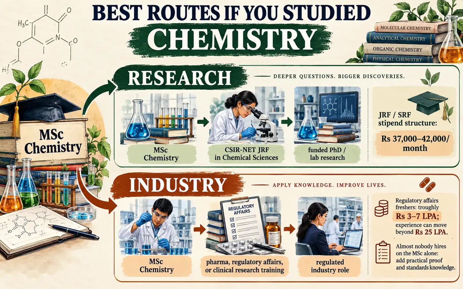 Two-branch Chemistry postgraduate roadmap showing research through CSIR-NET and industry through pharma and regulatory work