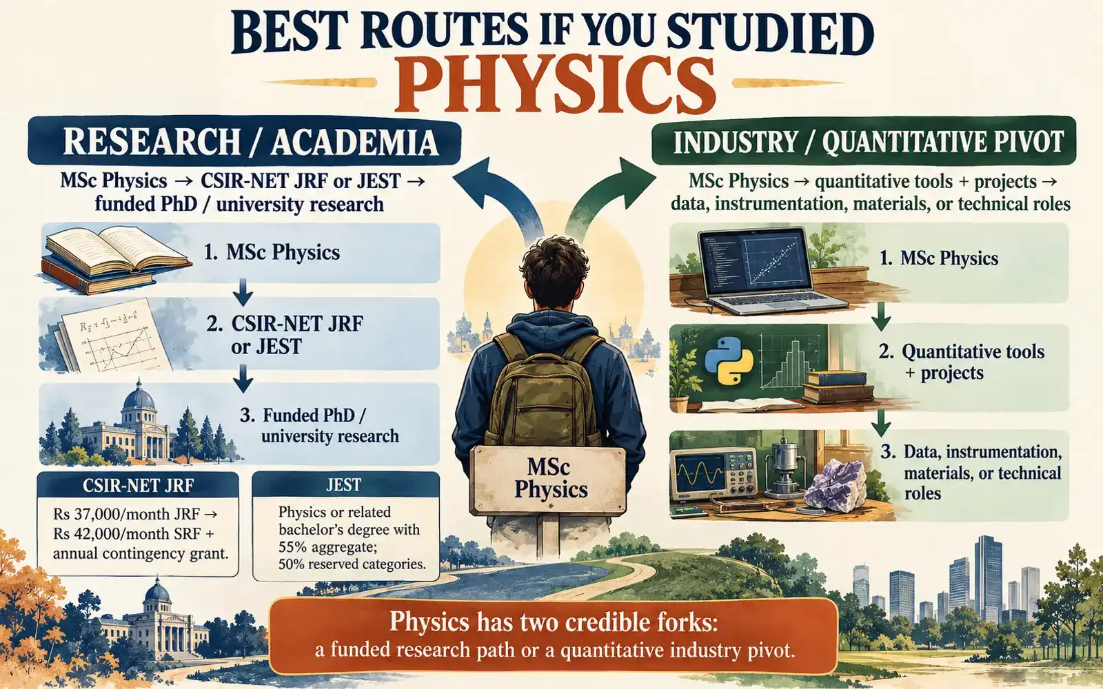 Two-branch Physics postgraduate roadmap showing funded research and quantitative industry routes