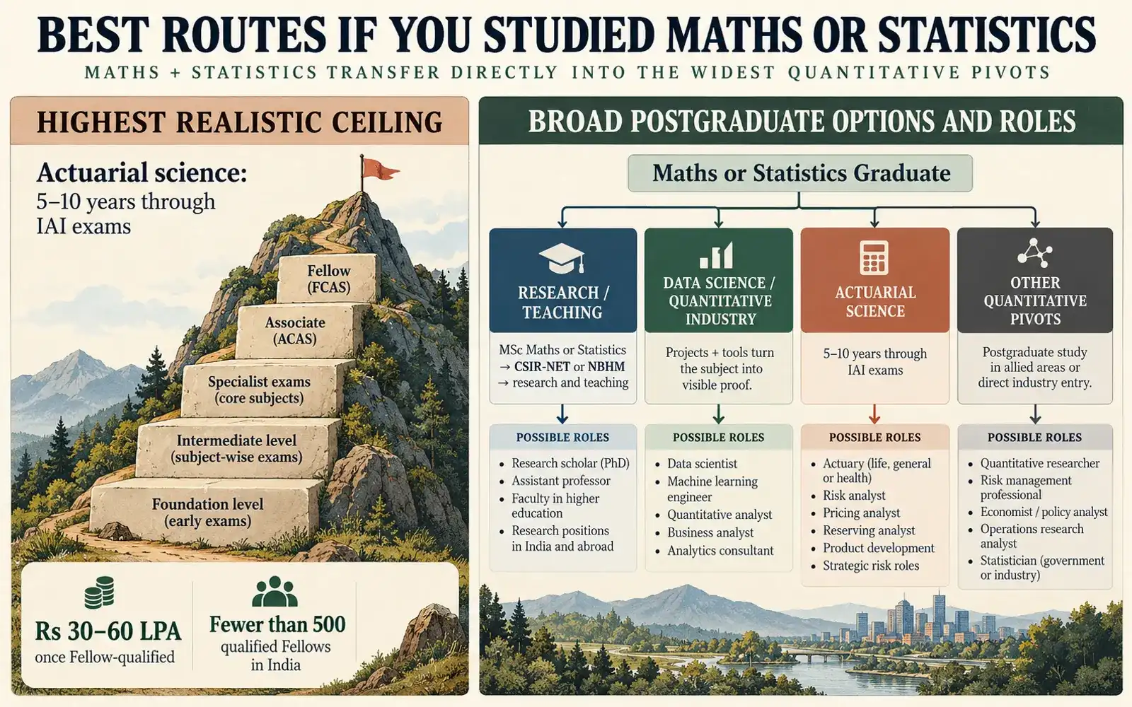 Maths and Statistics postgraduate options panel showing research, data science, actuarial science, and quantitative pivots