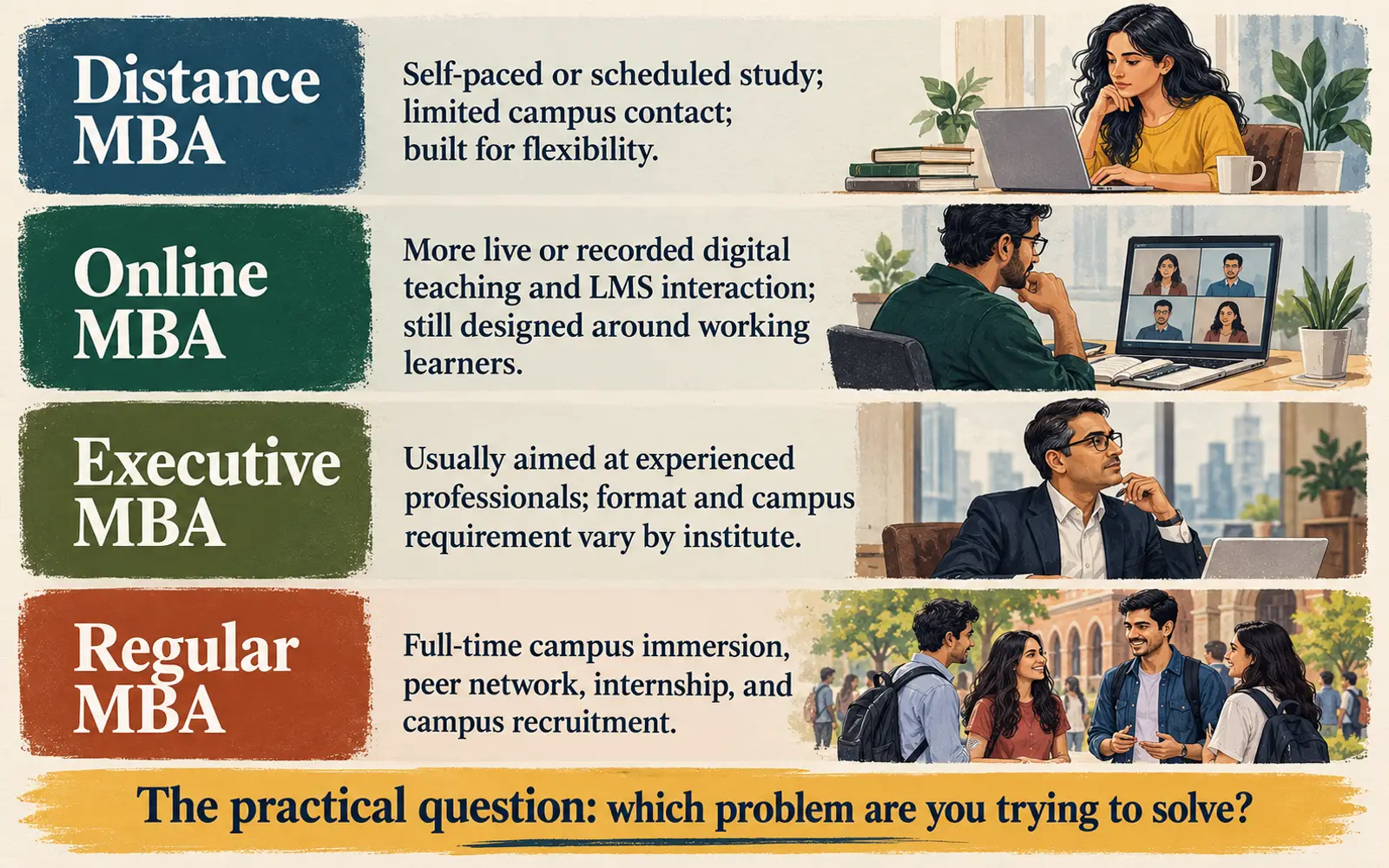 Four-lane comparison of distance MBA, online MBA, executive MBA, and regular MBA by delivery style and career problem