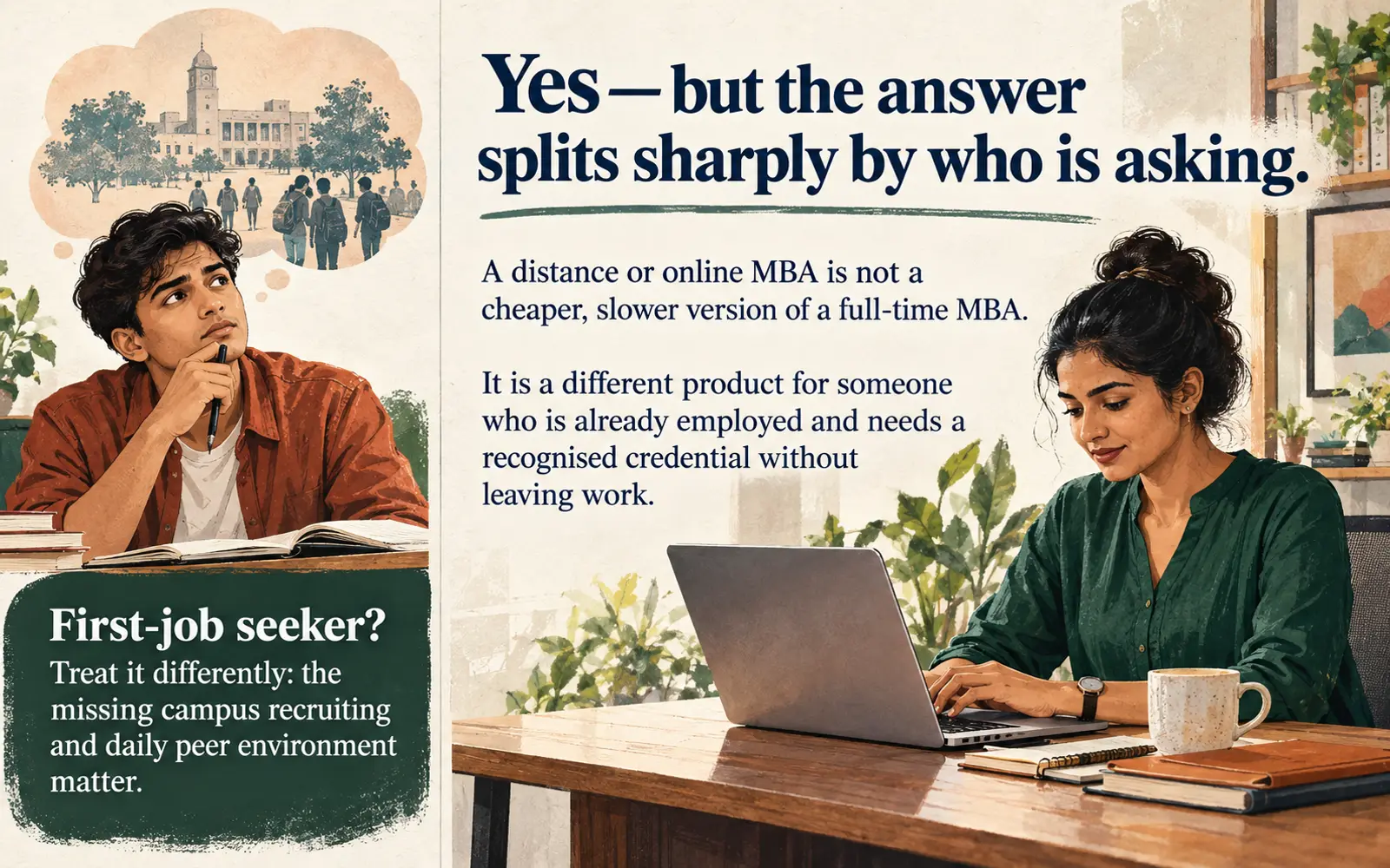 Asymmetrical comparison explaining why a distance MBA serves an employed learner while a first-job seeker needs a different route