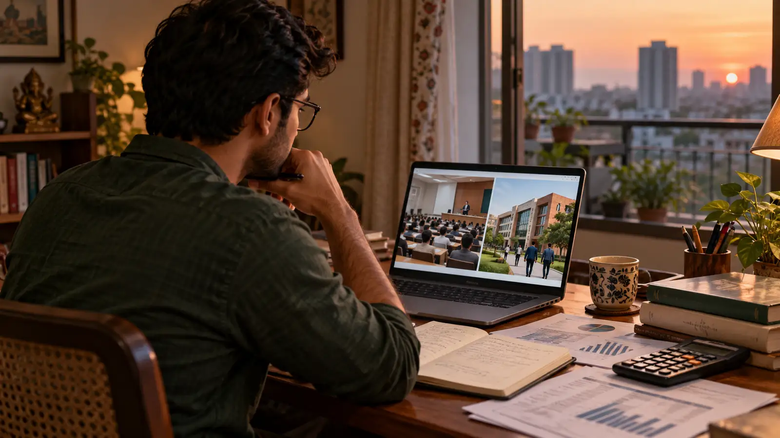 Indian working professional weighing an executive MBA at a home desk with a ledger, calculator, balance-sheet papers, and laptop